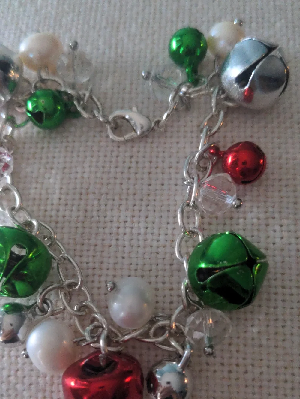 Festive Green & Red Bell, Pearl , Crystal Charm Bracelet, Adjustable 7 1/2